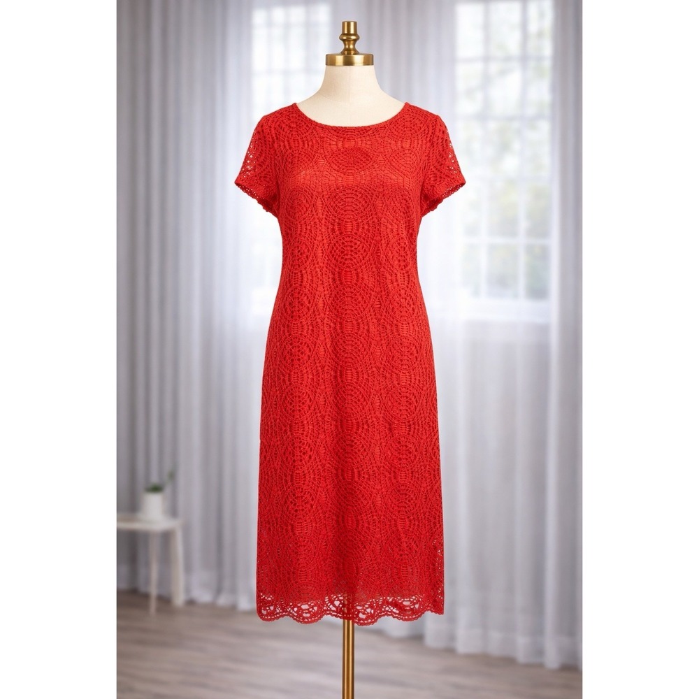 Chico's Midi Lace Dress Coral Orange Eyelet Cutout Overlay Lined Size 2 Large